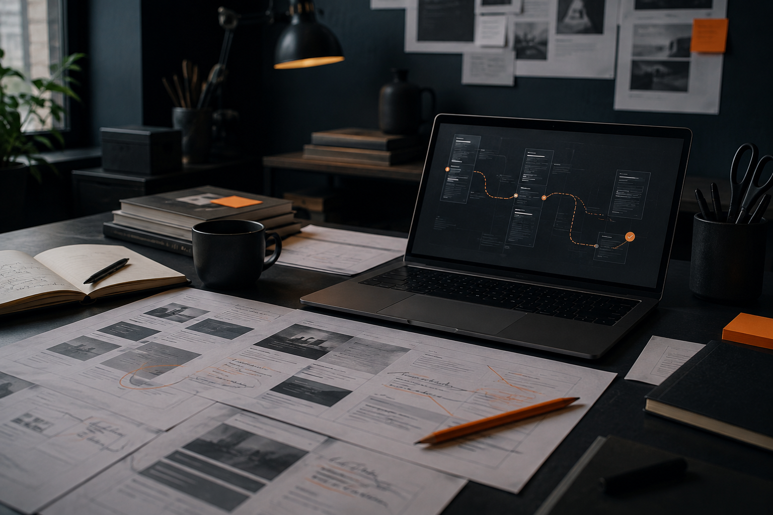 A considered website review with layouts and a laptop on a studio desk