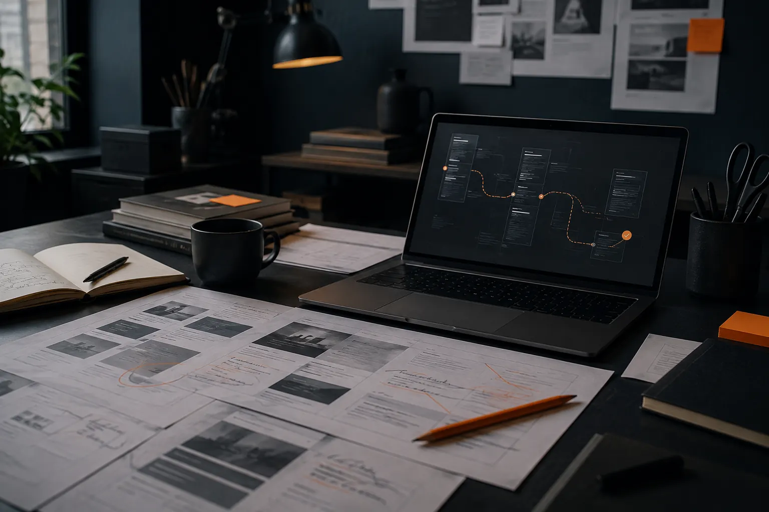 A considered website review with layouts and a laptop on a studio desk