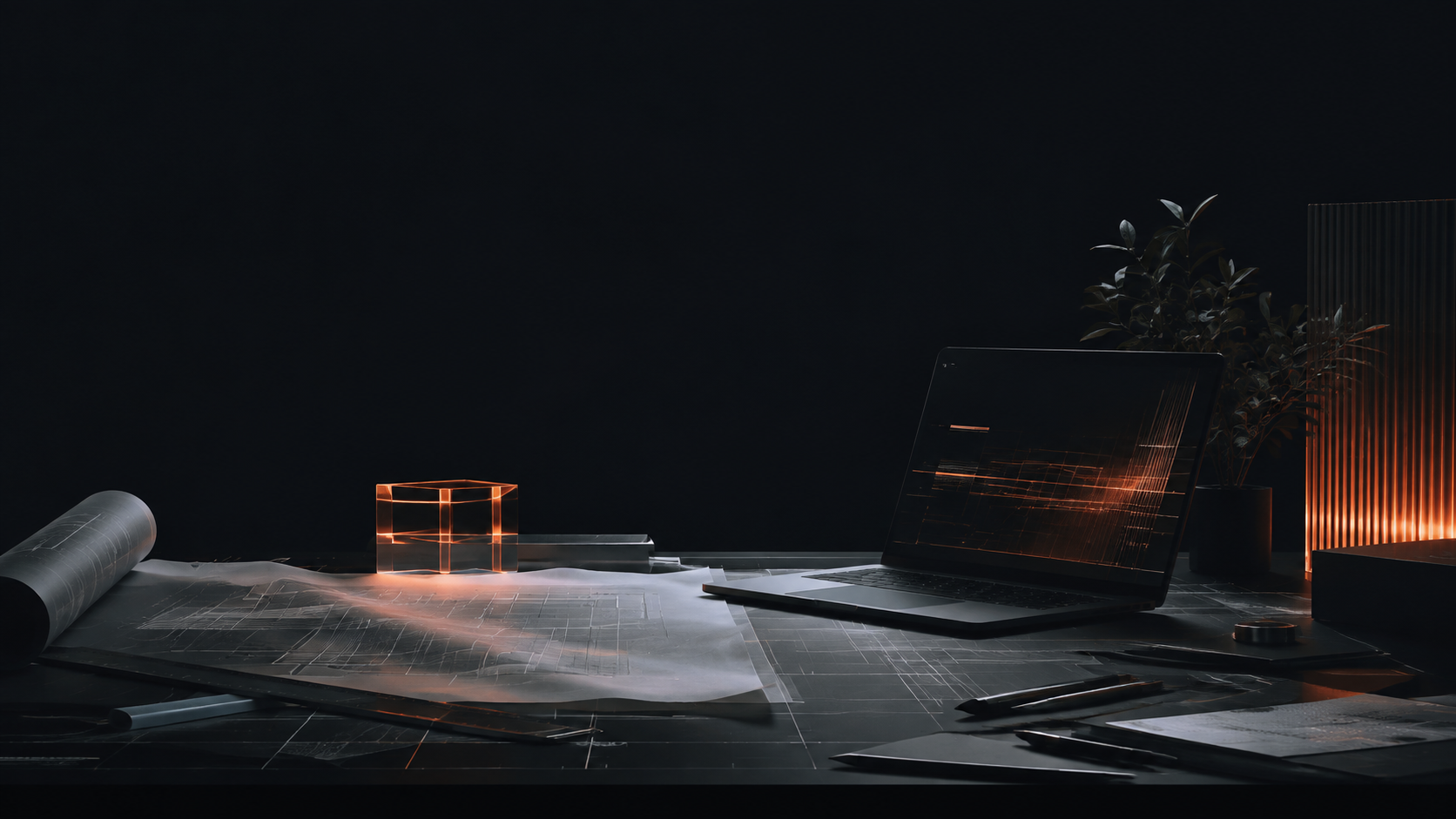 A dark architectural studio desk with technical drawings, a laptop and warm orange light