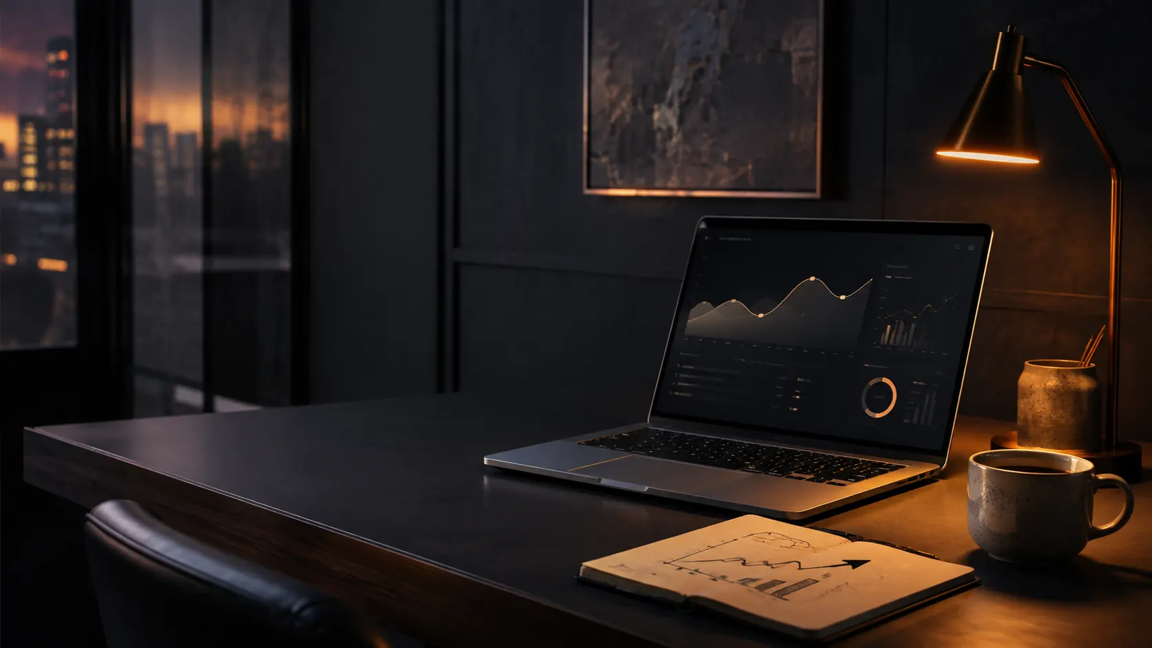 A small business workspace with a website performance dashboard, notebook and coffee