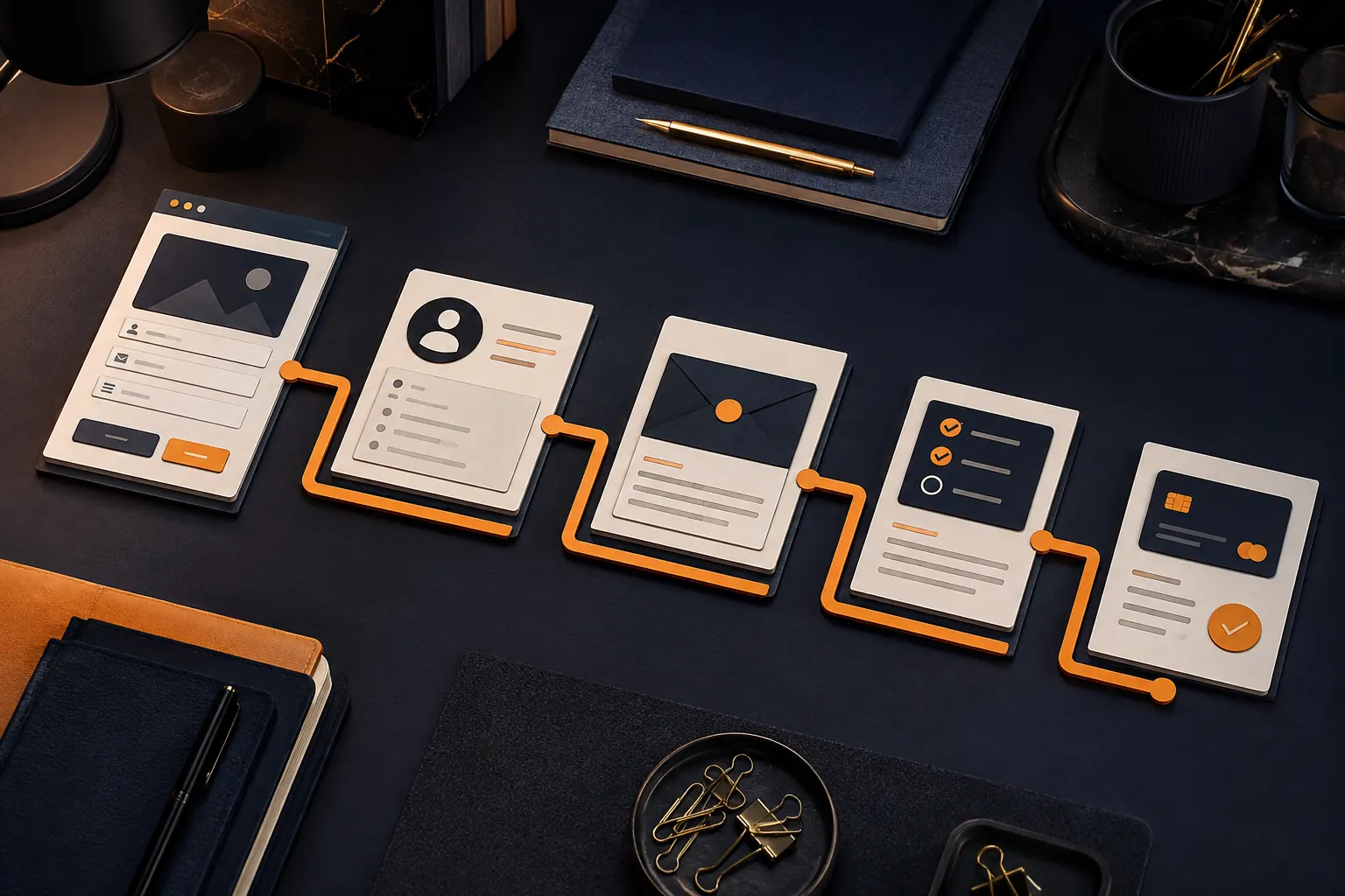 Connected workflow cards arranged across a dark operations desk