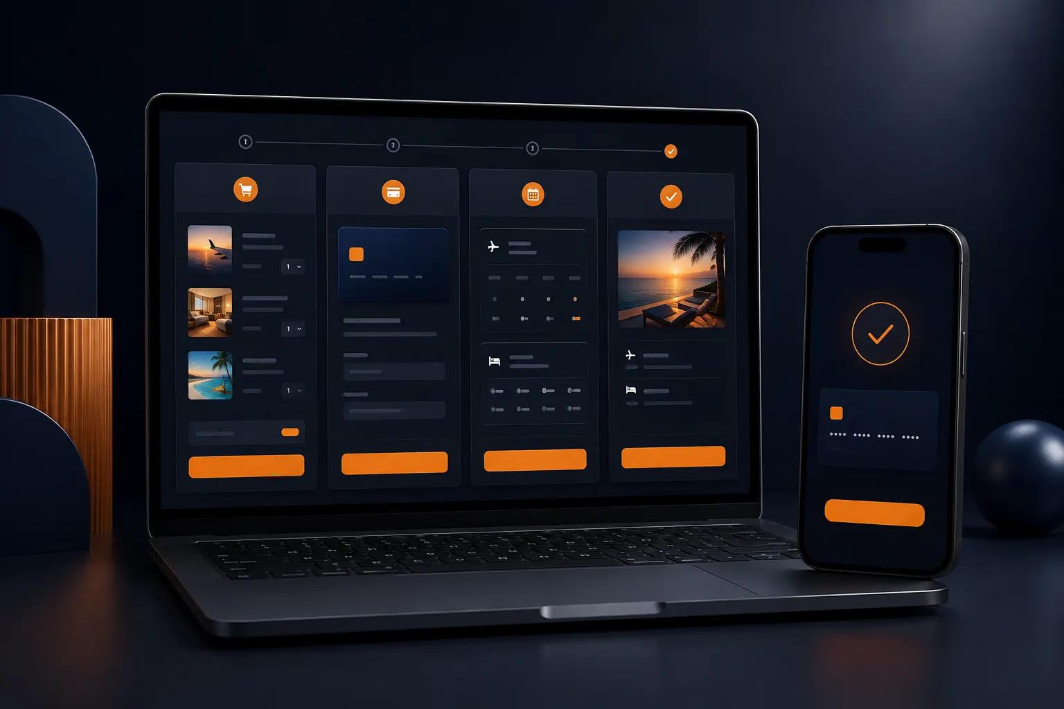 Checkout and booking journey shown across laptop and phone