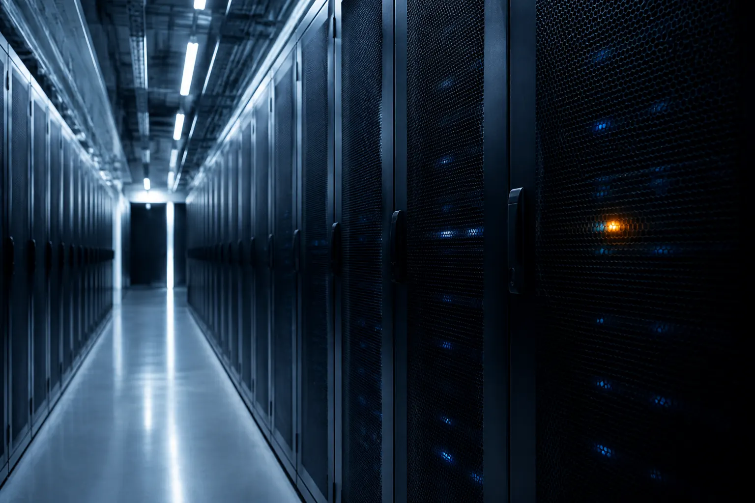 Quiet server room corridor with a precise orange status light