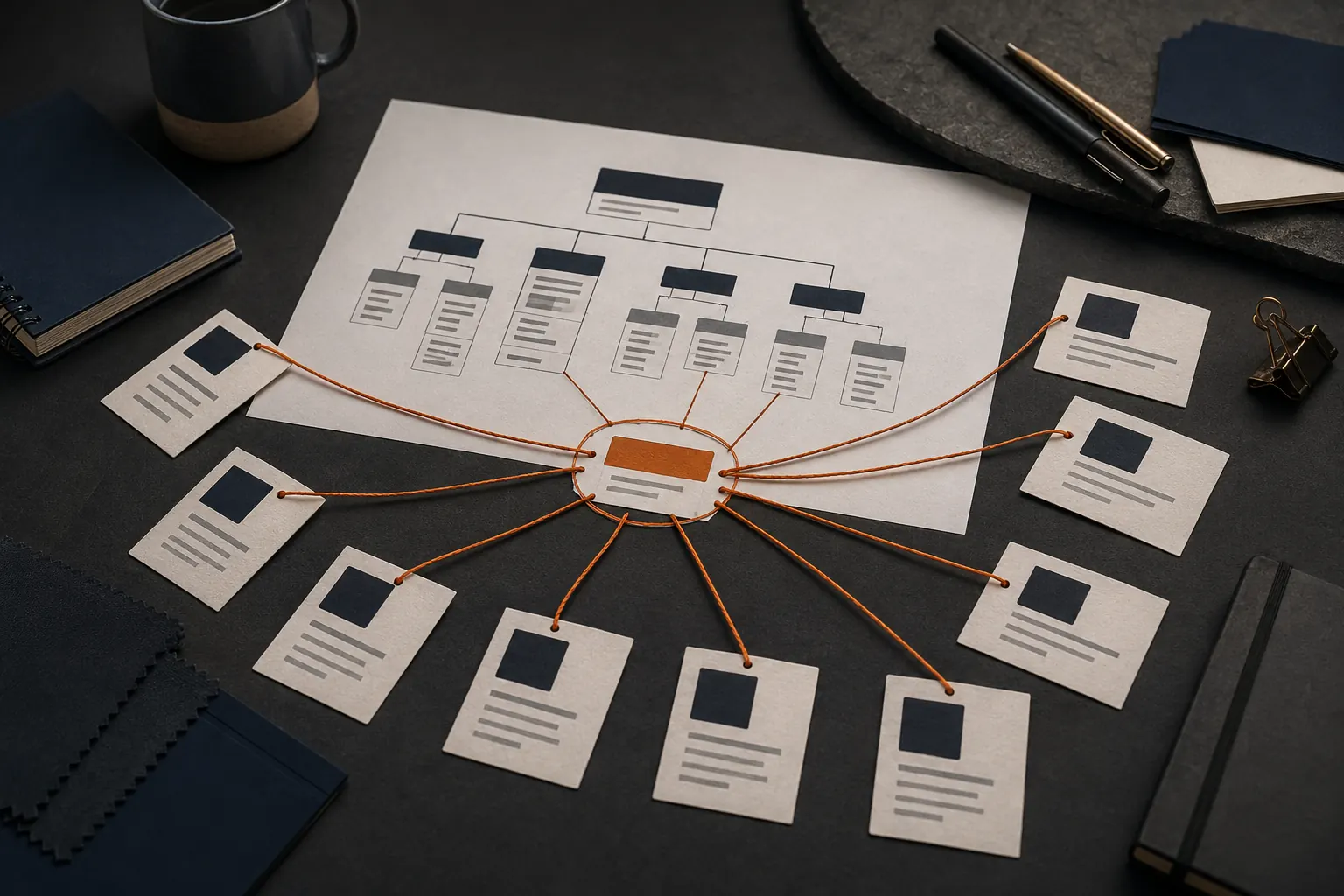 Website sitemap and search structure arranged on a design desk